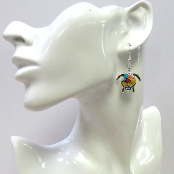 Silver Plated Multicolor Turtle Dangle Drop Pierced Earrings - Picture 5 of 5